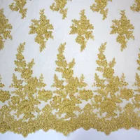 

High quality hand beaded lace gold color tulle french net lace embroidery fabric HY0928-1