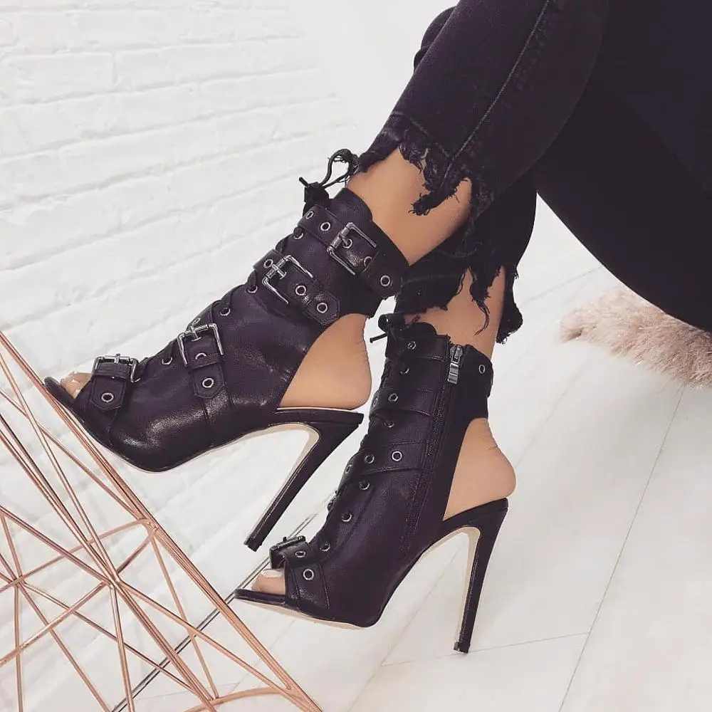 

Peep Toe Suede Buckle Lace Up High Heels Ankle Boots new models boots women, Olive