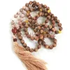 MN21331 Sunstone Sandalwood Mala Necklace, Carnelian and Citrine Mala 108 Mala Beads Knotted Silk Tassel Necklace