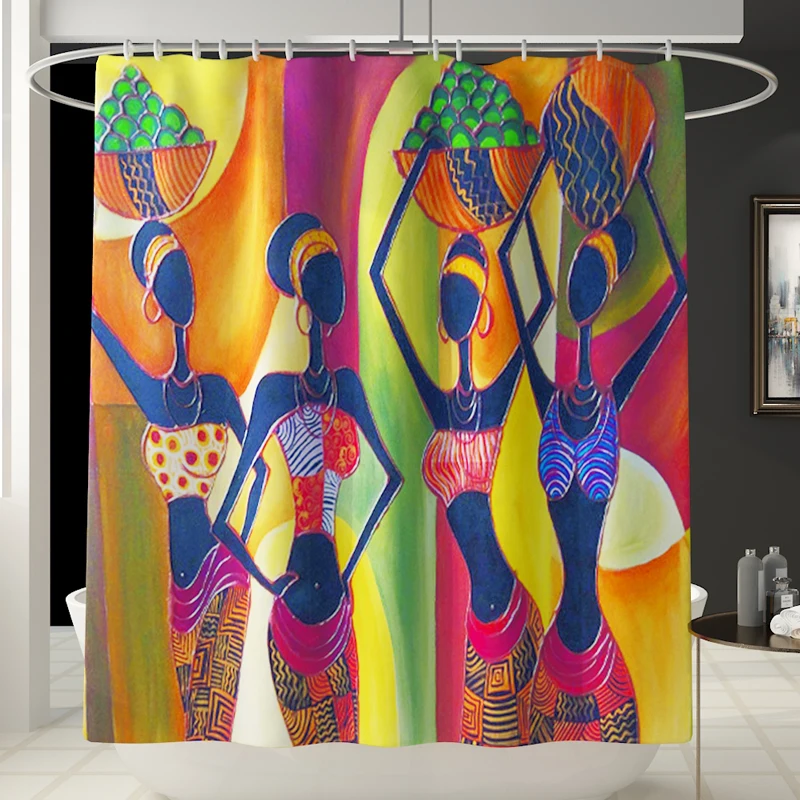 Colorful Printing African Women Toilet Pad Cover Bath Mat Shower Curtain Set for Bathroom Decoration