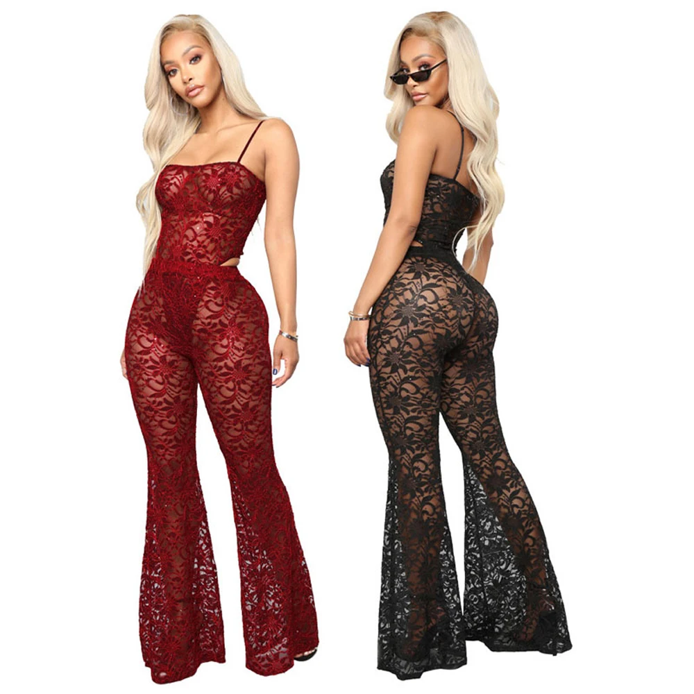 

Women Sleeveless sling Full Lace Straps Clubbing Jumpsuit, Red black