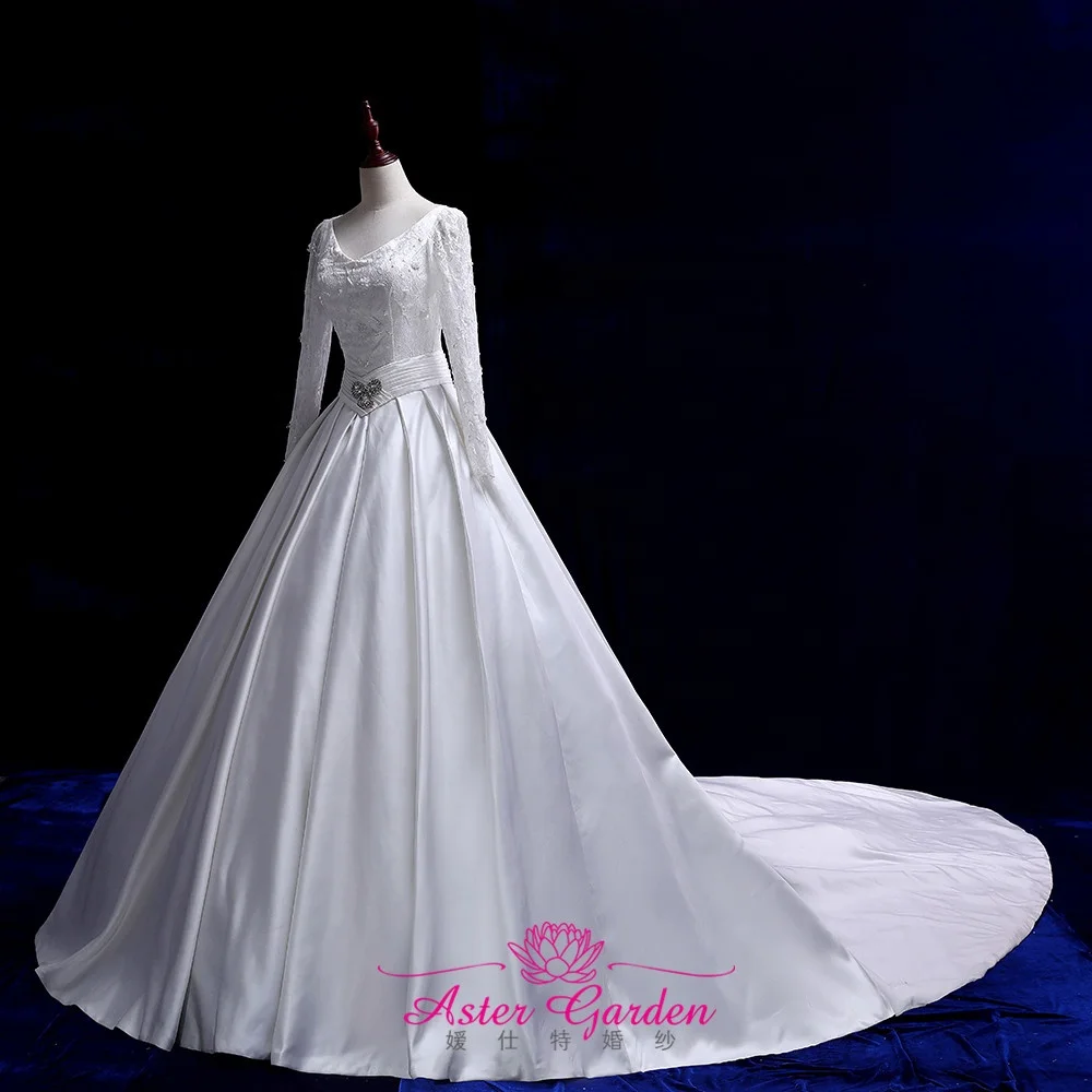 

Satin Wedding Dresses Long Sleeves 2019 Beads Ball Gown for Wedding Vestido de Novia robe de mariee long tail bridal gowns s249