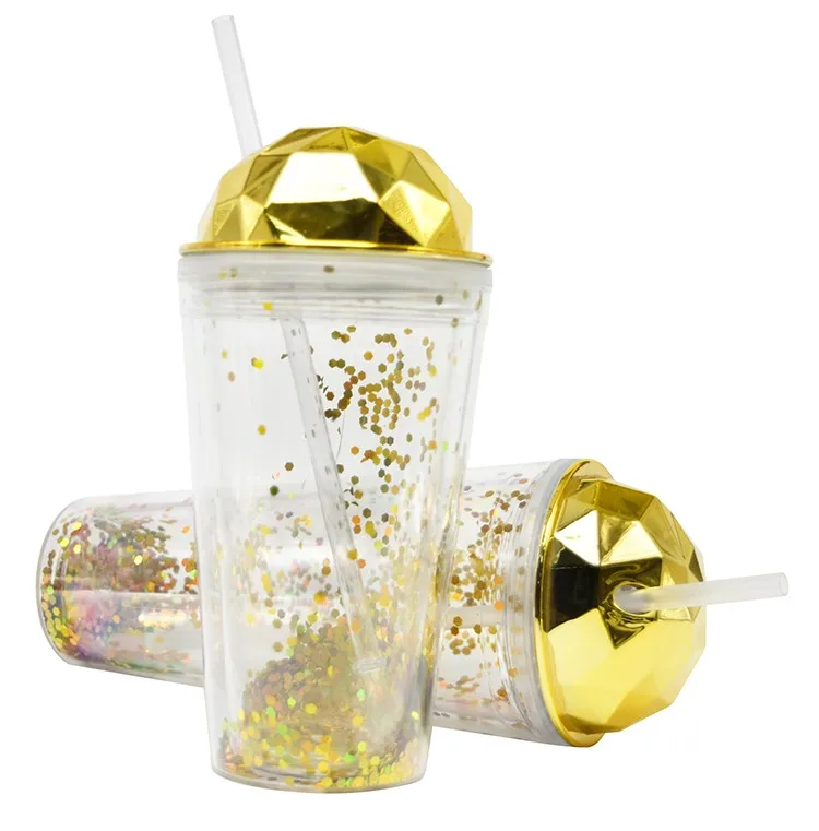 Best Double Wall Straw Cups With Lid Golden Glitter Drinking Cup For