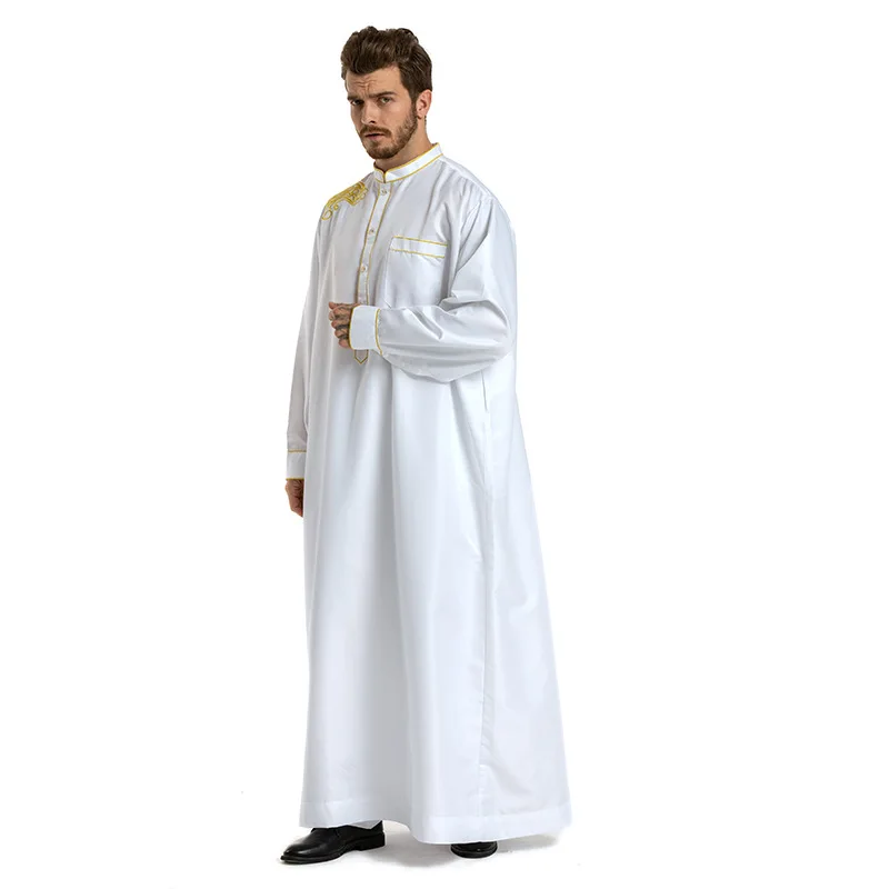 

Middle eastern Muslim embroidery men thobe long sleeves and loose stand-up collar
