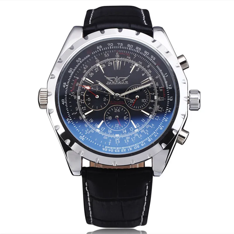 

2016 Fashion Luxury Brand JARAGAR Mechanical Wristwatches Men Coated Glass Automatic Calendar Hour Week Dial Leather Strap Watch, Black white