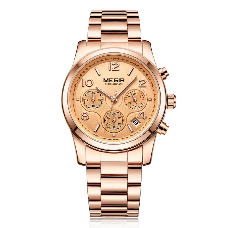 

MEGIR 2057 Women Quartz Watch Lady New Rose Gold Wristwatch Stainless Steel Watches With Workable Dial, 2 colors for you choose