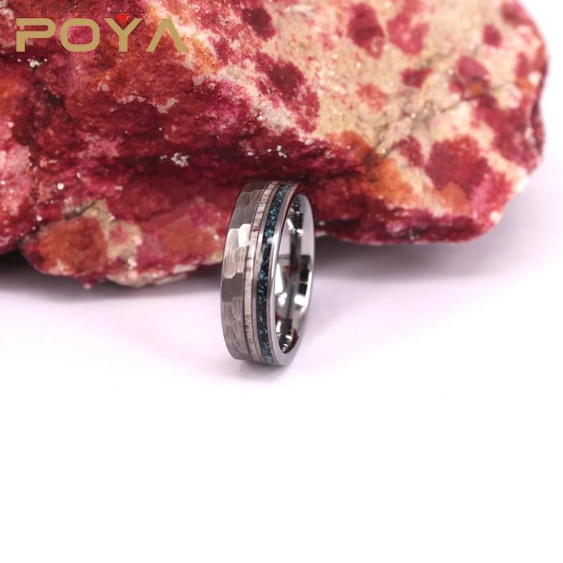 

POYA Jewelry 8mm Tungsten Ring Hammered Antler And Crushed Inlay Rings with Mens Wedding Engagement Band