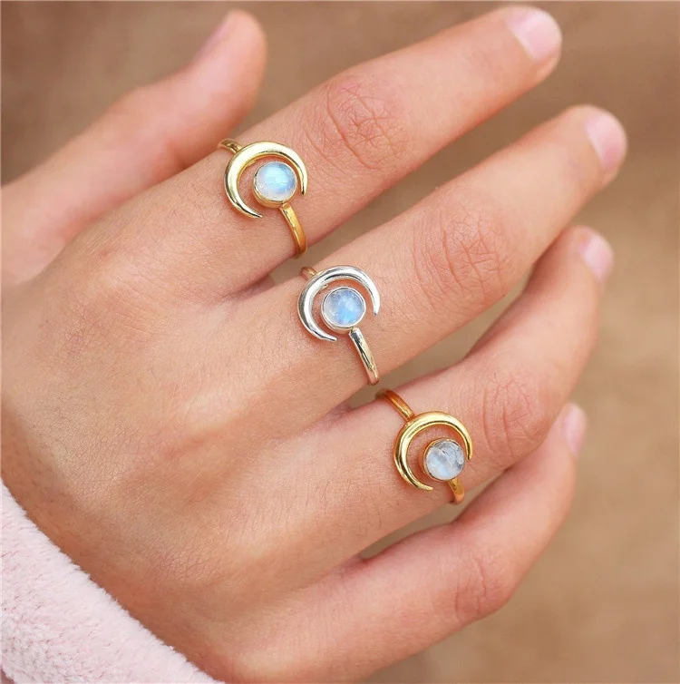 

Vintage Moon Rings Adjustable Women Gold Moonstone Rings For Women Simple Healing Crystal Thin Ring Gifts