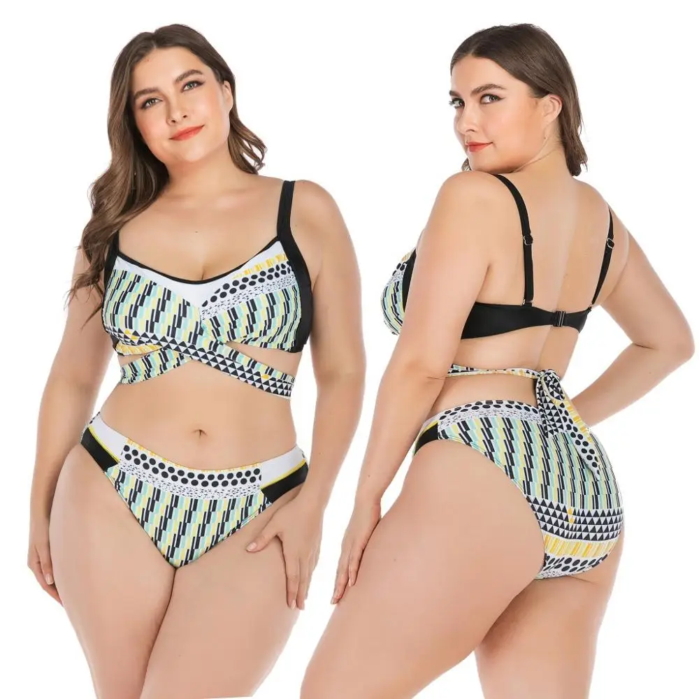 

Geometric Print Lattice Bikini Plus Size High Waisted Swimsuits Big Swimwear for Fat Women