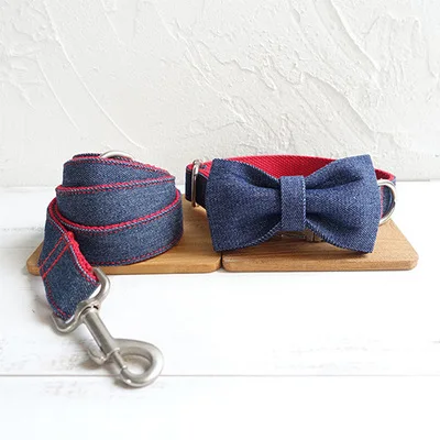 

LYX04 Dog bow-tie thickened denim collar and leash sets pet supplies, Picture