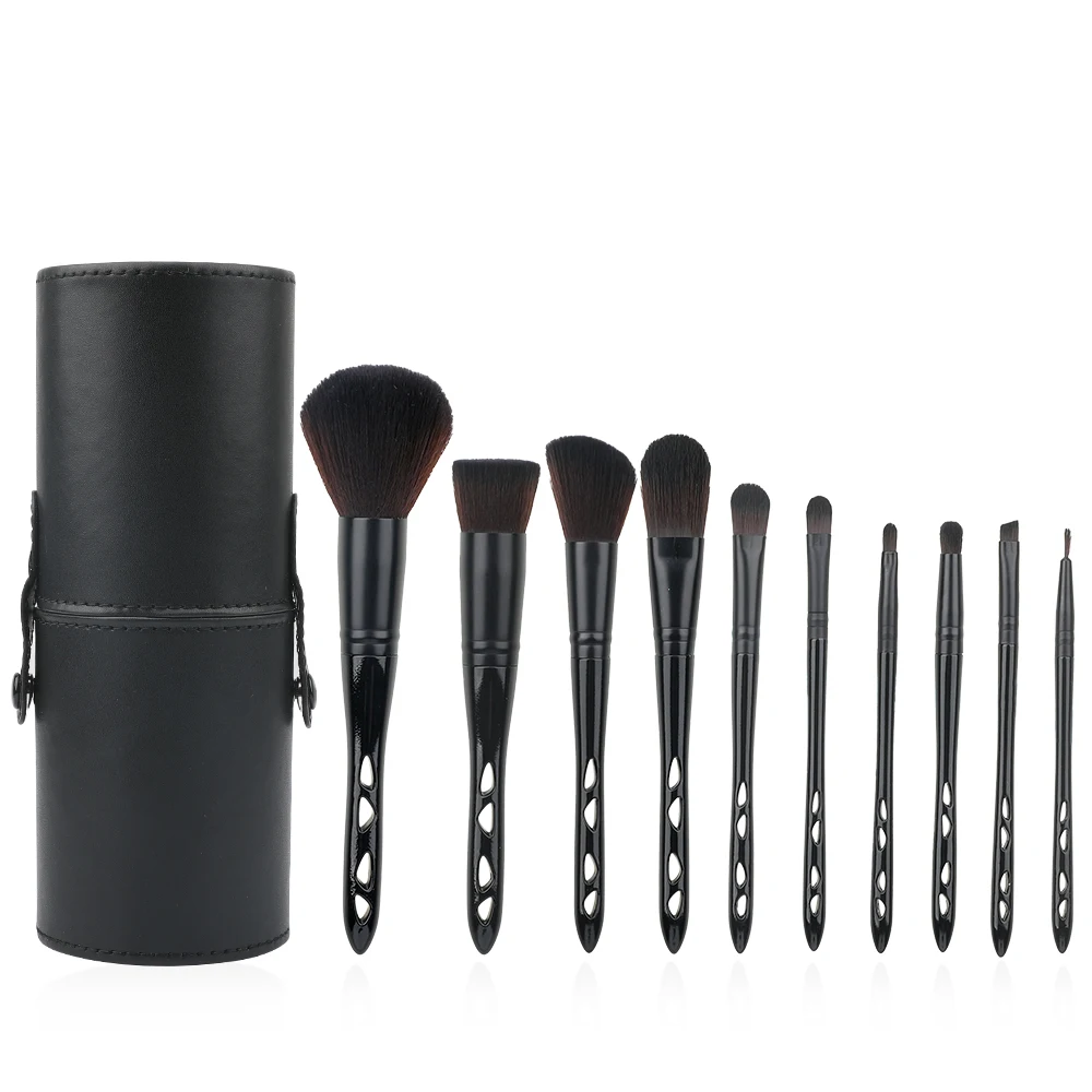 

private label black hollow handle makeup brush with cup leather holder