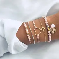 

5 Pcs Set Jewelry Pink Color Bead Metal Gold Plated Heart Anchor Bohemia Bracelet With Tassel