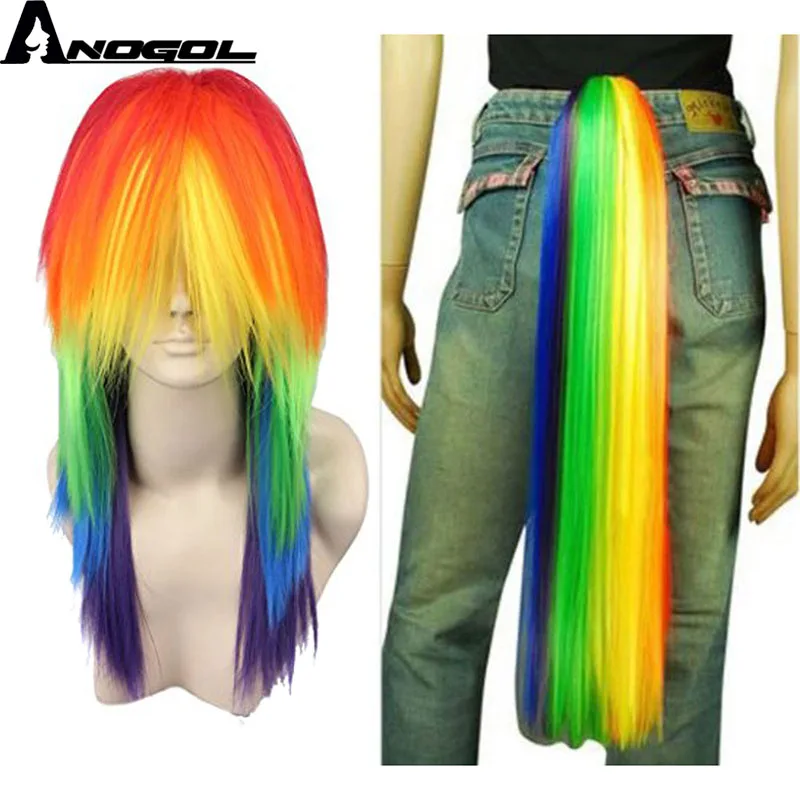 

Anogol My Little Ponytail Rainbow Dash Natural Long Straight Synthetic Cosplay Wig For Halloween WIth Clip Ponytail