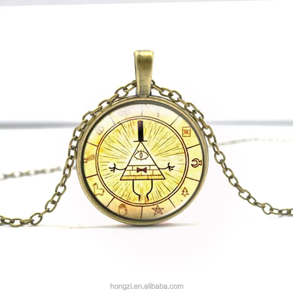 

Bronze Silver Round glass Necklace Steampunk Drama Gravity Falls Mysteries BILL CIPHER WHEEL Time Gems Pendant Necklace Jewelry
