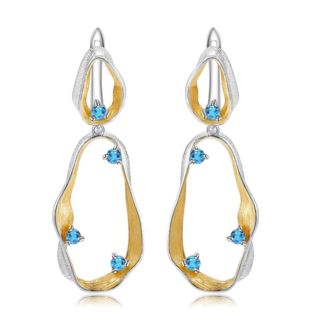 

C7870 Abiding natural blue topaz gemstone boho wholesale fashion gold plated 925 sterling silver jewelry earring