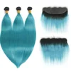 Ombre #1B/Blue Peacock Bundles With Frontal Straight Ombre Blue Human Hair Bundles With Lace Frontal Brazilian Remy Human Hair