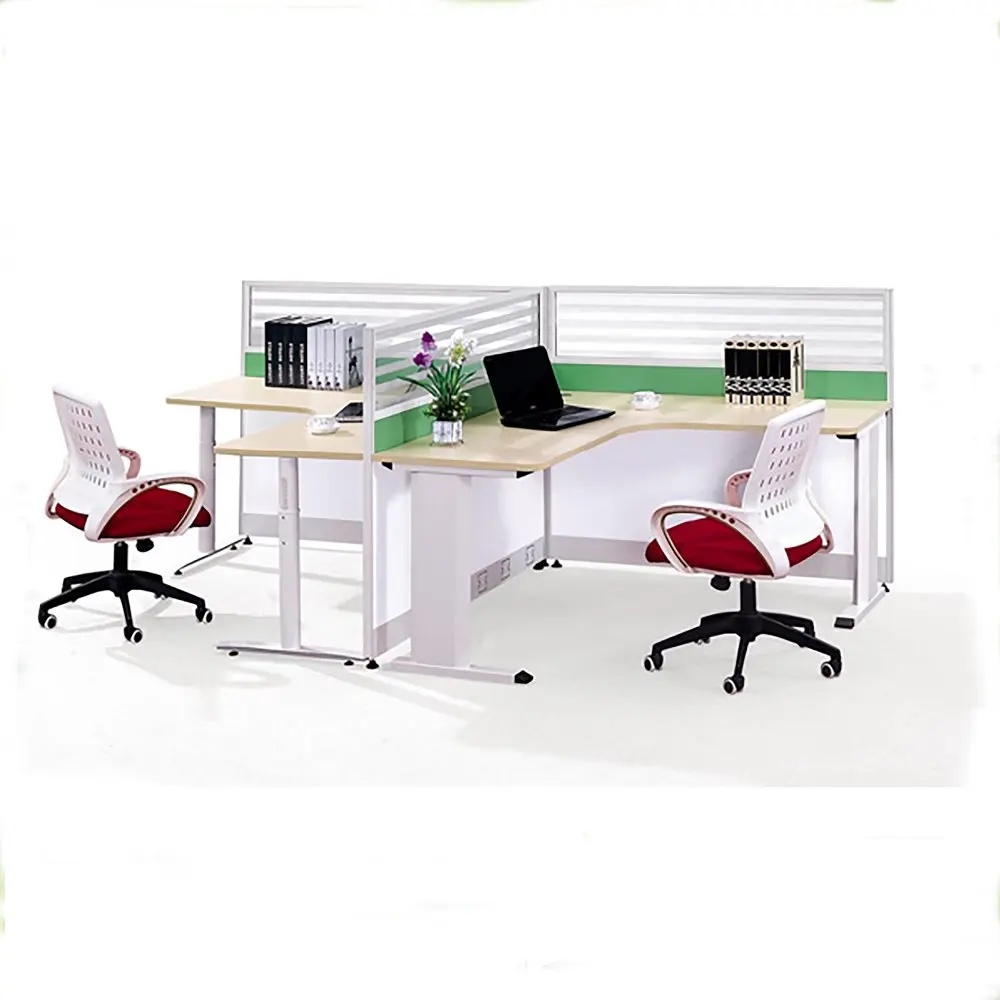 T Shaped 2 Person Office Cubicle Desk With Glass And Mdf Partition