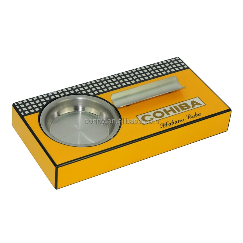 

High Glossy Lacquered Cohiba Design Wooden Cigar Ashtray, Yellow