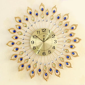 Image of Fancy peacock shaped acrylic diamonds metal decor art wall clock