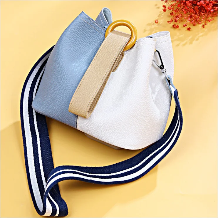 

Fashion Casual Litchi Pattern Real Leather Ladies Tote Bucket Bags Luxury Handbags For Women 2019