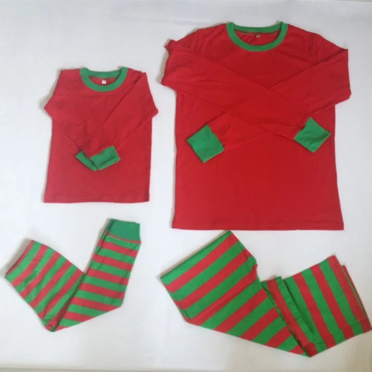 

Wholesale new design real 100% cotton red and green striped family christmas pajamas