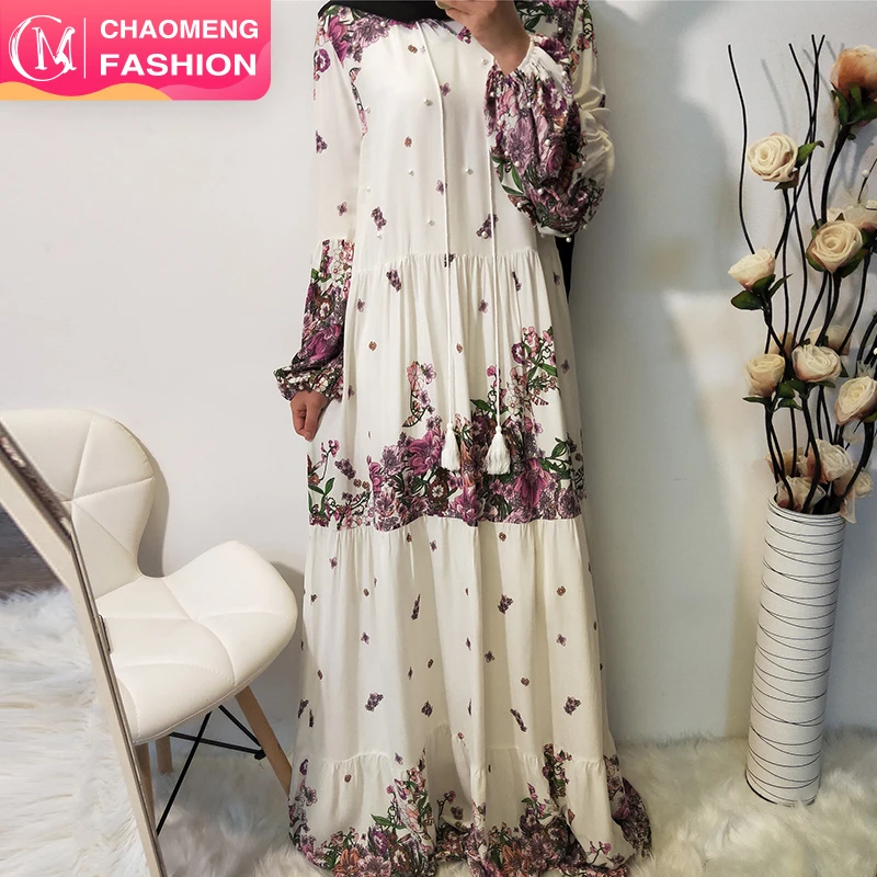 

6118# Fashionable Muslim Women Plus Size Long Sleeve Maxi Dresses Islamic Clothing Abaya With Flower Modest White Dress, White/black