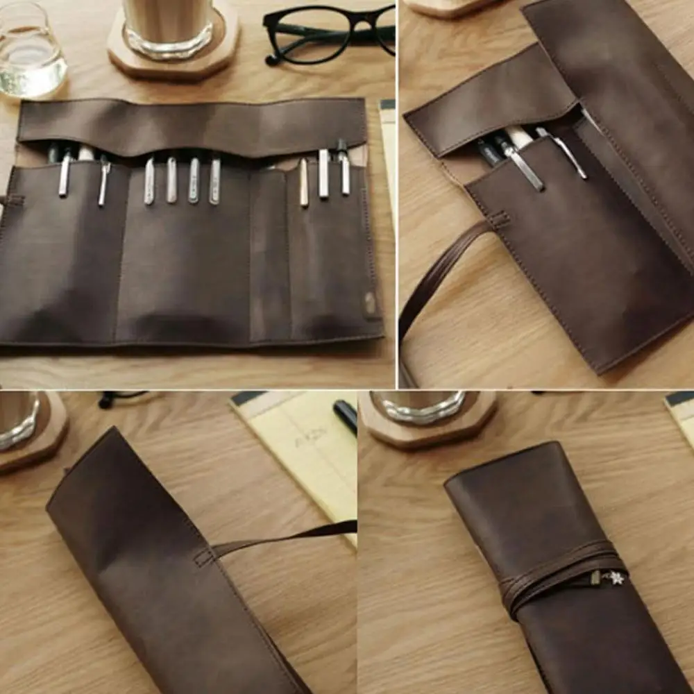 

Cherry Blossoms Design School Supplies Retro Pencil Case Roll-up Pencil Bag PU Leather Storage