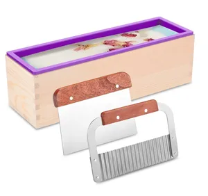 Image of Amazon Top Selling High Quality BPA Free Flexible Rectangle Soap Silicone Loaf Mold With Wooden Box Straight Cutter Wavy Cutter
