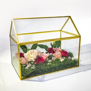 Image of Large gold geometric glass card box decor window tabletop planter handmade garden flower pot house glass terrarium
