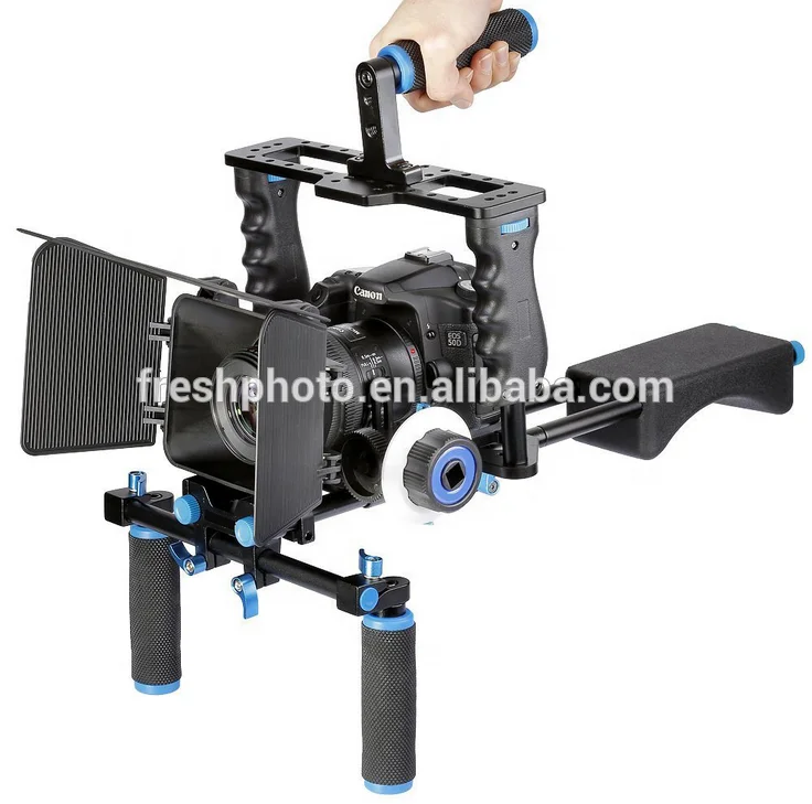 

professional aluminum handheld stabilizer kit dslr shoulder rig with camera cage shoulder brackets follow focus matte box clamps, Black + blue