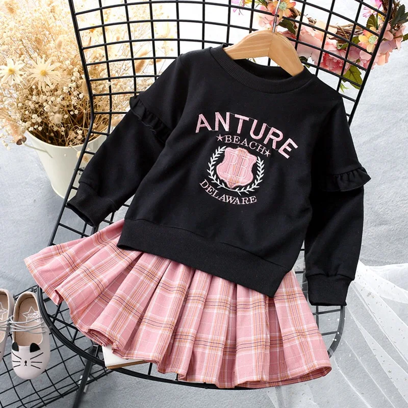 

New Girls spring autumn casual fleece with skirt set/ Kids check dress clothing set, Picture shows