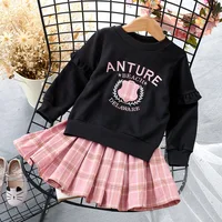 

New Girls spring autumn casual fleece with skirt set/ Kids check dress clothing set