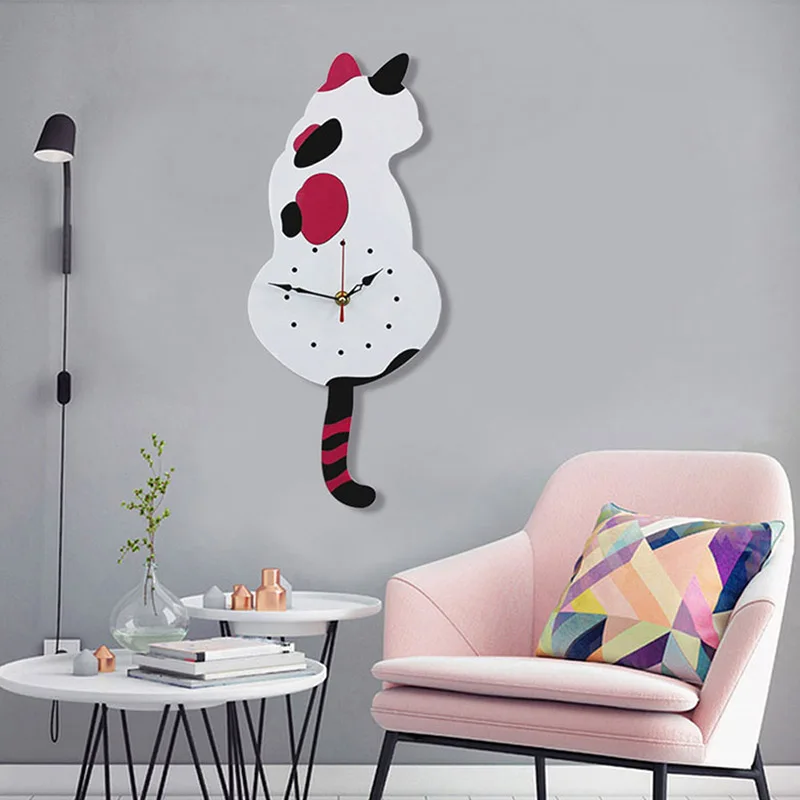 Cat Acrylic Wall Clock Swinging Tail Pendulum Battery Operated for Bedroom 