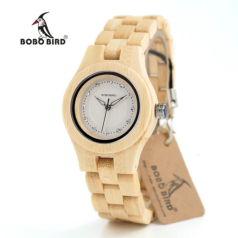 

BOBO BIRD white bamboo handmade women wood watch with diamond dial, Picture