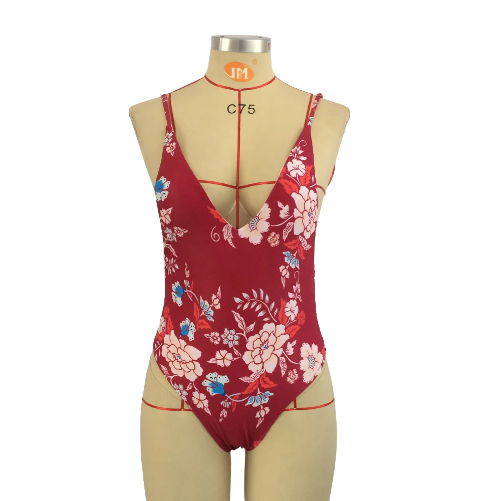 

European and American swimwear explosion prints one-piece halter ladies swimsuit one-piece bikini SW8030, Jujube red