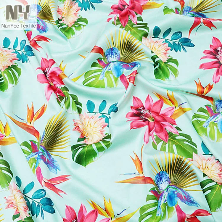 
Wholesale Custom Jungle Tropical Print Dull Polyester Stretch Matte Satin Fabric 