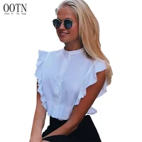 

OOTN 2020 Female Short Shirts Ladies Office Chemise Femme Fashion Women Ruffled Crop Tops Summer Sleeveless White Tunic Blouses
