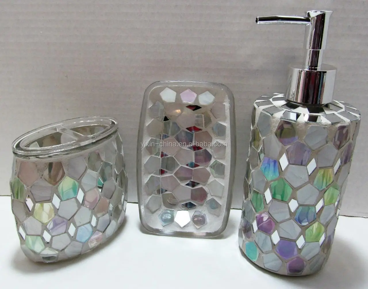 Modern Glass Mosaic Bath Set Lotion Dispenser Soap Dish Toothbrush
