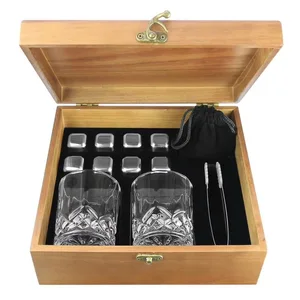 Whiskey Glasses Stones Gift Set with 8 Premium Whiskey Rocks Stones Wooden Gift Box