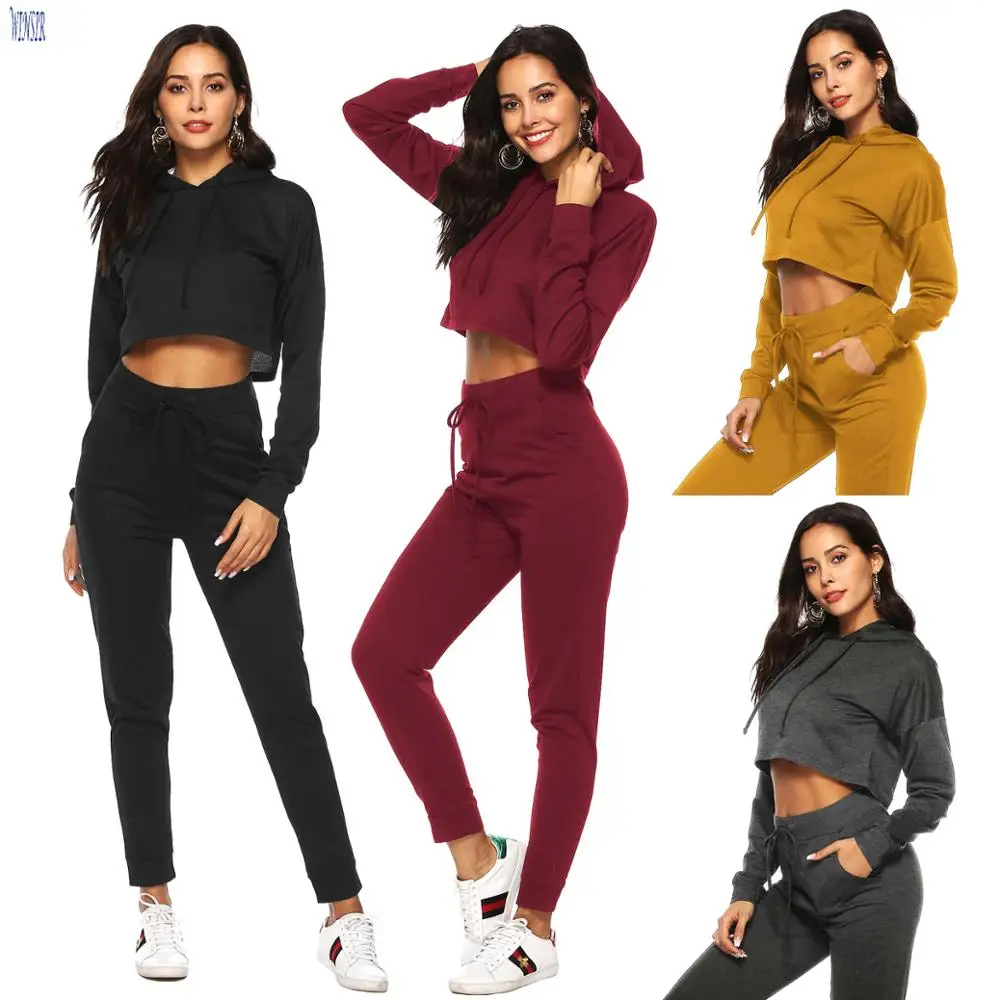 

Polyester Two Piece Clothing Unbranded Plain Sports Hoodie Sweat Shirts and Sweatpants Joggers Pants Custom Women Tracksuit Set, N/a