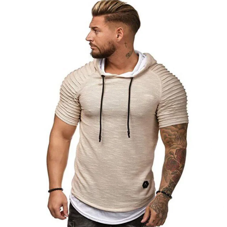 

New summer men Tees Round neck stripe Fold Solid color Hoodie T-Shirts Muscle Sweatshirt Cool jogging Sexy muscles GYM clothes, Colors