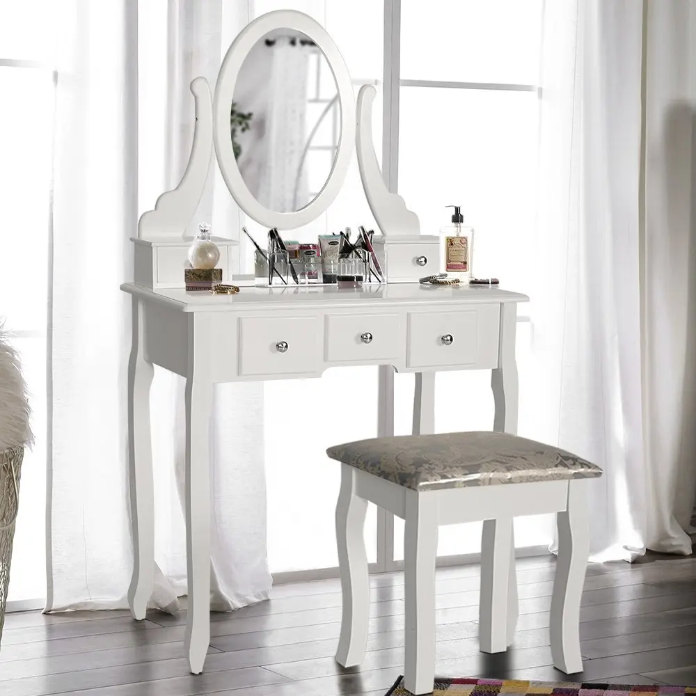 Wooden White Dressing Table With Chair And Five Drawers For