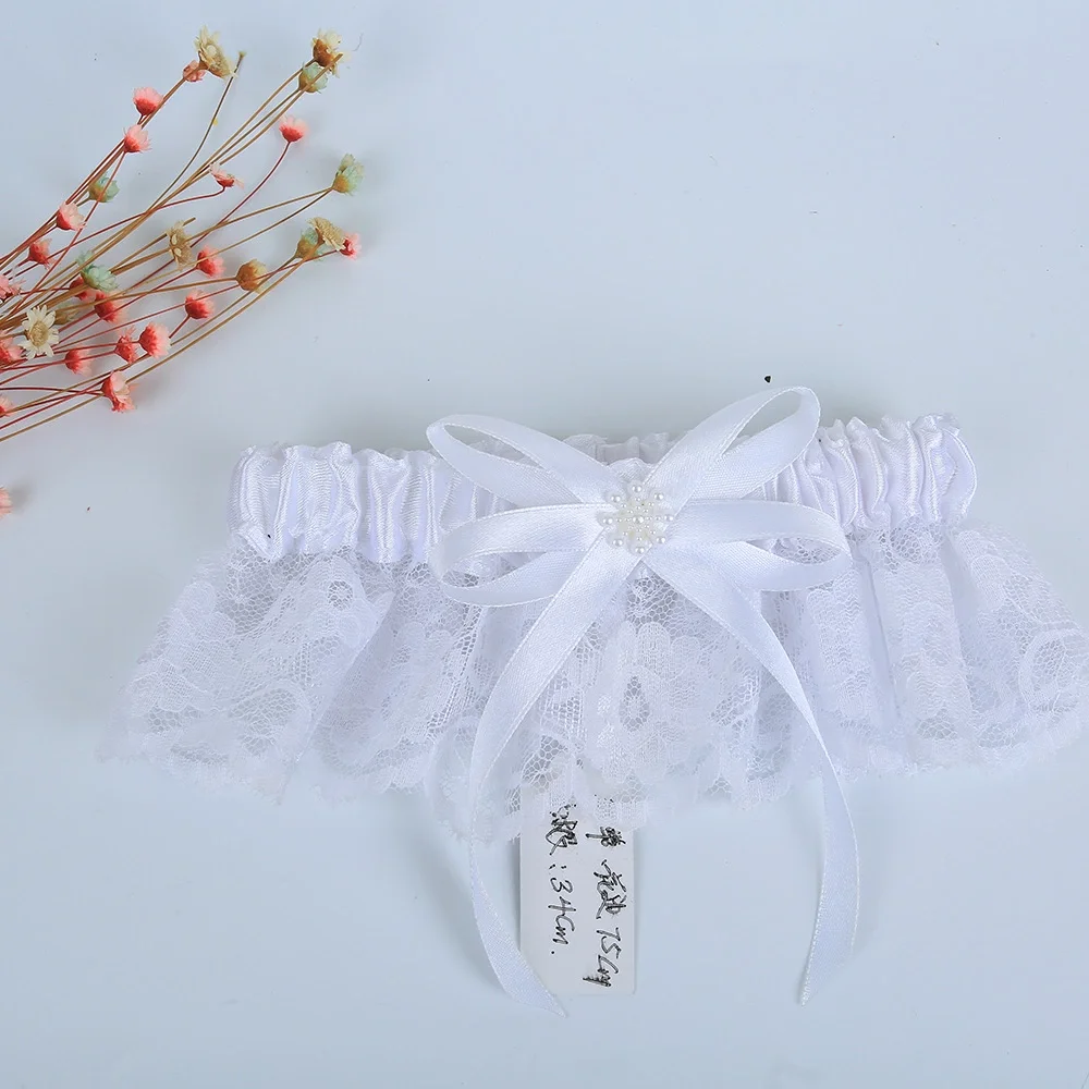 Silver Rhinestone Wedding Garter With Blue Bead Center Lace Bride