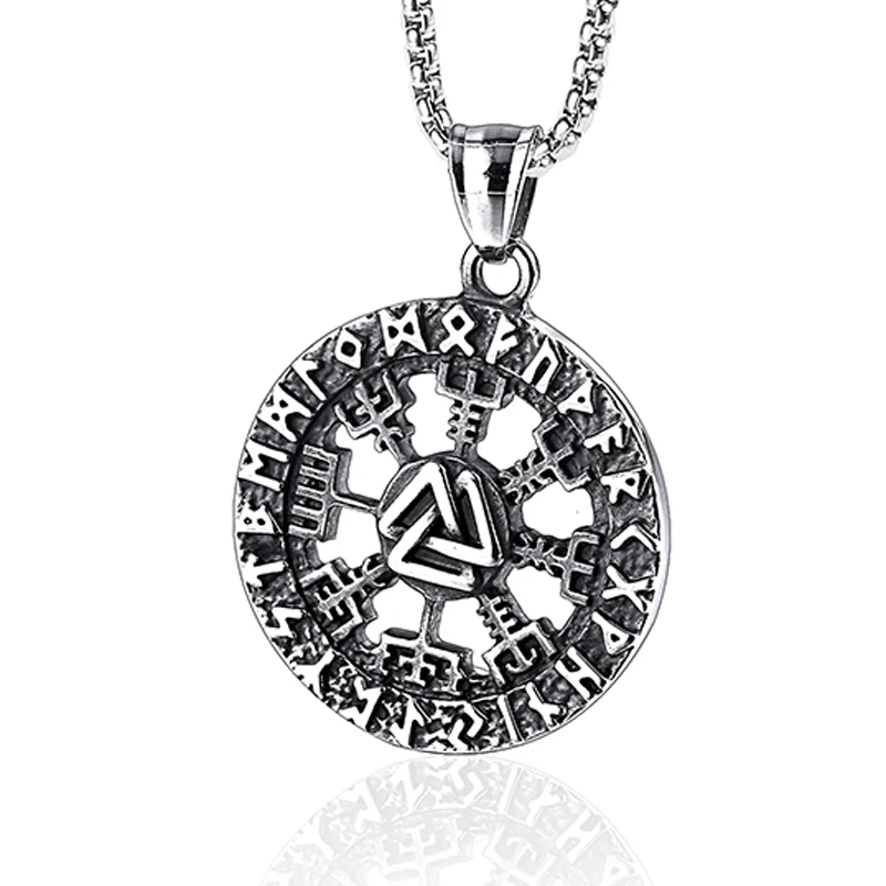 

Wholesale Stainless Steel Mens Vintage Nordic Rune Viking Compass Vegvisir Pendant, Vintage silver + black