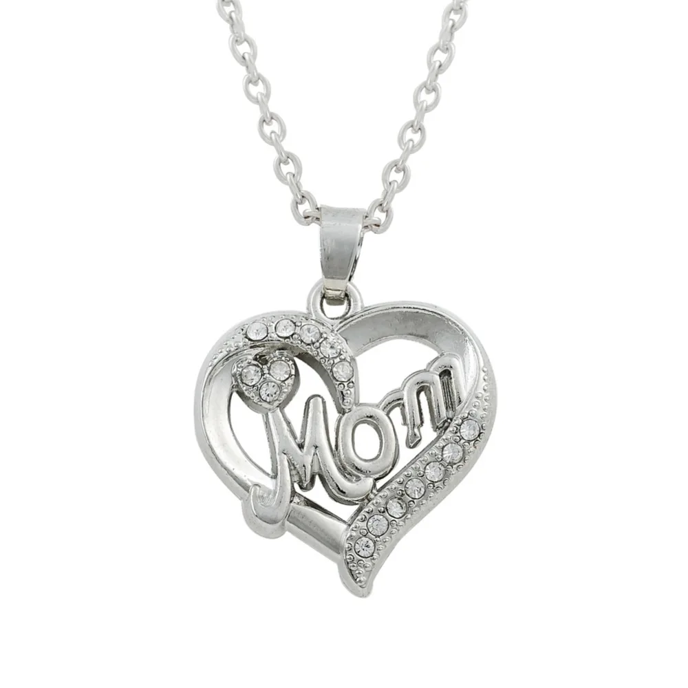 

cheap women jewelry silver crystal heart mom necklace