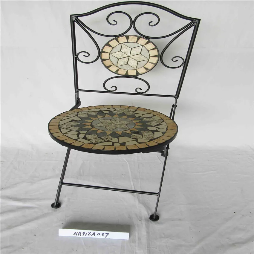 Single Wrought Iron Mosaic Tile Folding Garden Dining Outdoor Chair Whimsical