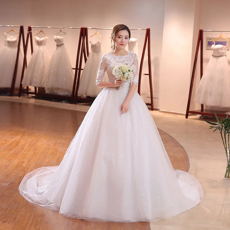 

High Neck Half Sleeve Lace Voile Wedding Dress With Long Tails