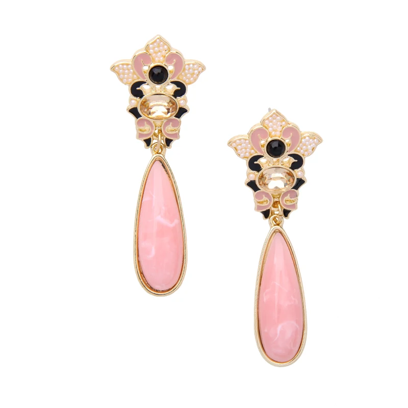 

ed00786b Enamel Flower Plant Statement Gold Plated Jewelry Pink Stone Dangle Earrings Wholesale