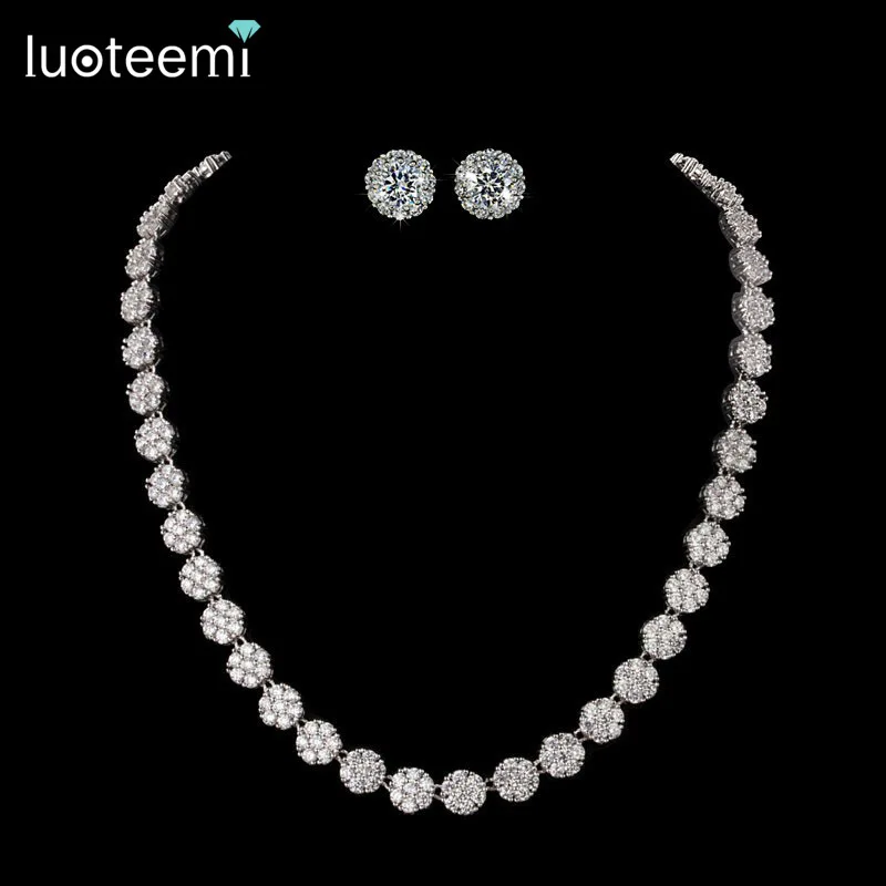 

LUOTEEMI Fashion White Gold Plated A AA+ Cubic Zirconia Stone Earrings and Necklace for Wedding Bride Jewelry Set