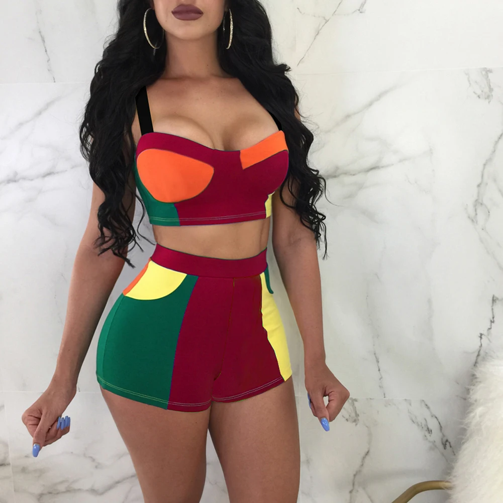 

Hot Multi-Function Wine Red Color Block Crop Top 2 Piece Set Ladies Short Jumpsuit, Black;blue;green;red